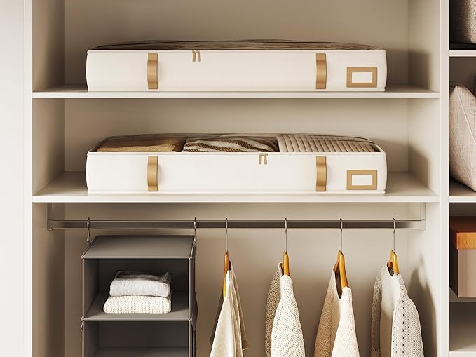 Vailando Storage Containers, 6 Inches Tall 60L Underbed Storage Bins with Leather Handles and Sidewalls, Closet Organizer for Clothes, Blankets, Seasonal Items, Beige with Brown, 2-Pack