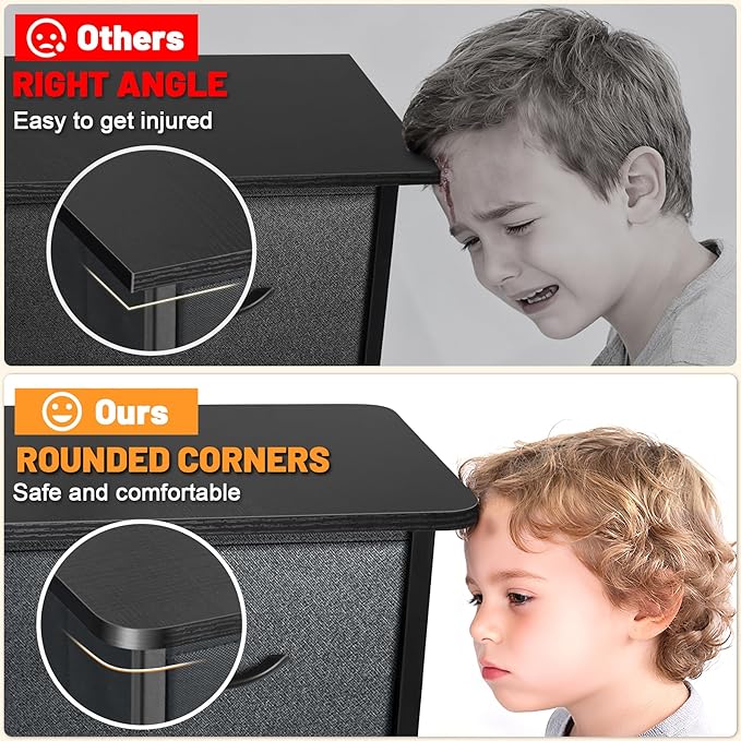 Curved Profile Dresser for Bedroom, Chest of Drawers, 10 Storage Drawers Organizer Unit, Brown Dresser with Fabric Bins for Closet, Living Room, Kid Room (Grey and Charcoal Black)
