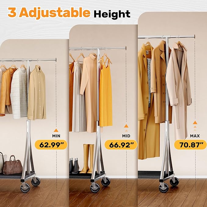 HOKEEPER Clothes Rack with Wood Shelves Height Adjustable Clothing Rack with Lockable Wheels 500LBS Portable Wooden Garment Closet for Bedroom, Living Room, Laundry, Balcony, Silver