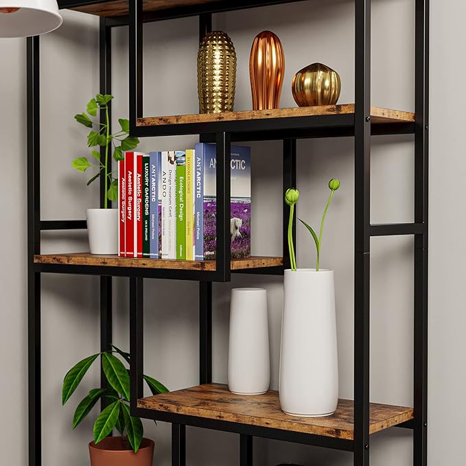 IRONCK Bookshelves 6 Tiers, Industrial Etagere Heavy Duty Shelves for Living Rooom, Office Storage Geomeric Display Boocase, Vintage Brown