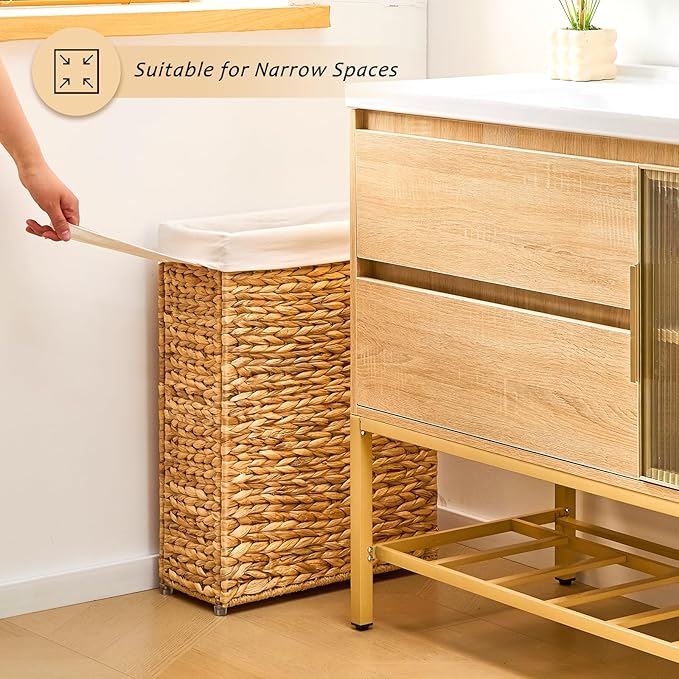 Handwoven Slim Laundry Hamper, 55L Narrow Laundry Basket, Natural Water Hyacinth Basket and Handles and Removable Liner Bag & 2 Mesh Bags (Natural, 55L)
