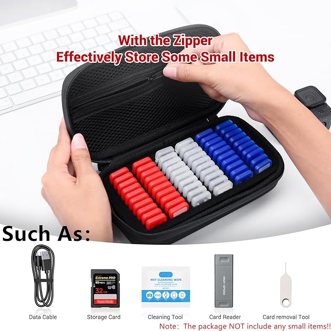 EVA PU Micro SD Card Case with 60 Individual Plastic TF Card Holders - Water-Resistant, Anti-Shock Carrying Organizer with Handle & Label