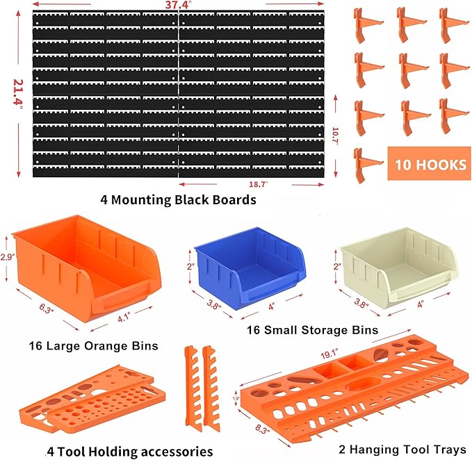 52PCS Wall Mounted Storage Bins Garage Storage Drawers with 4PCS Wall Mounting Peg Boards Workshop Parts Rack Container Tool Organizer Easy Access Compartments for Hardware Crafts Office Supplies
