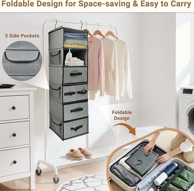 6-Tier Hanging Shelves with 5 Drawers & 3 Side Pocket,Durable Fabric Hanging Closet Organizer Holder with Sturdy Hook,Space-saving Storage Organization for Bedroom,Dorm,Guestroom,RV,Bathroom
