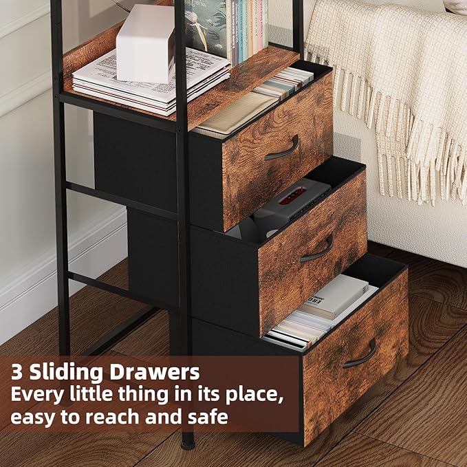 Somdot 3 Tier Bookshelf with Drawer, Tall Bookcase with Shelves, Bookshelf Desktop Organizer, Display Standing Shelf Units for Living Room, Bedroom, Study Room, Wood Grain Print