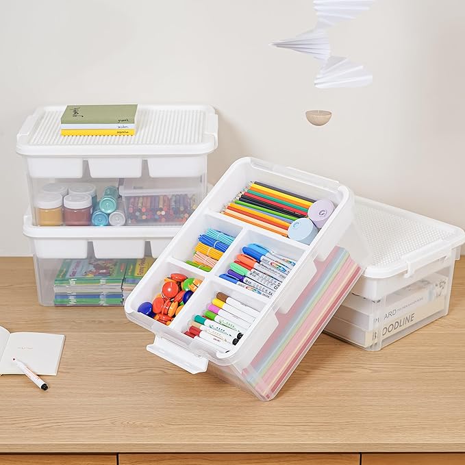 Citylife 17 QT Storage Bins with Building Baseplate Lid and Removable Tray Large Plastic Storage Bins Lego Organizers and Storage Bead, Tool, Sewing, 4 Packs