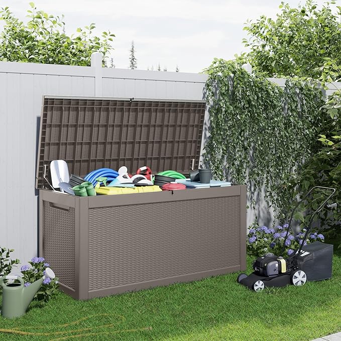 320 Gallon Outdoor Deck Box,Storage Lockable Waterproof Patio Furniture,Garden Tools,Cushions,Pool Accessories Outside Storage Resin Box(Grey)