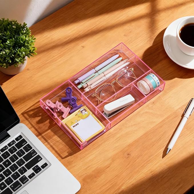 Translucent Pink Acrylic Desk Drawer Organizer 11 x 6.1 x 1.38 Inch Storage Tray Organizer for Pens, Stationery, Desktop, Office, Bathroom, Kitchen, Makeup Supplies (6 Compartments)