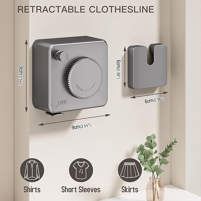 Retractable Clothesline Indoor Outdoor, Clothes Line Retracting Indoor, Retractable Clothes Line Wall Mounted Drying Rack Clothing Line, Laundry Line with Stainless Steel Line-15.1 Feets(Grey)