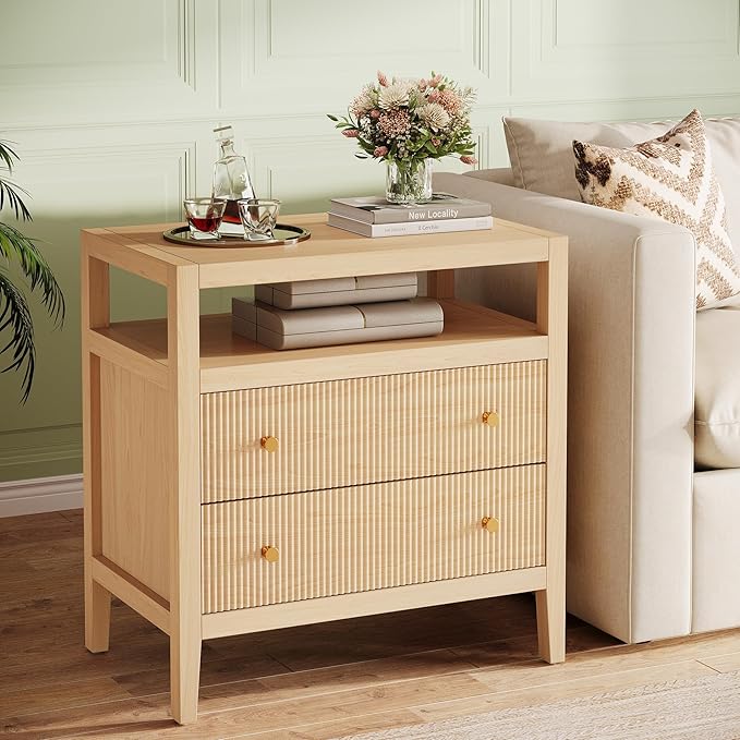 Tribesigns Modern Nightstand, 2-Drawer Nightstand with Open Storage Shelf, 29.52-Inch Wide Bedside Table Large Night Stand for Bedroom, Living Room, Oak (1)
