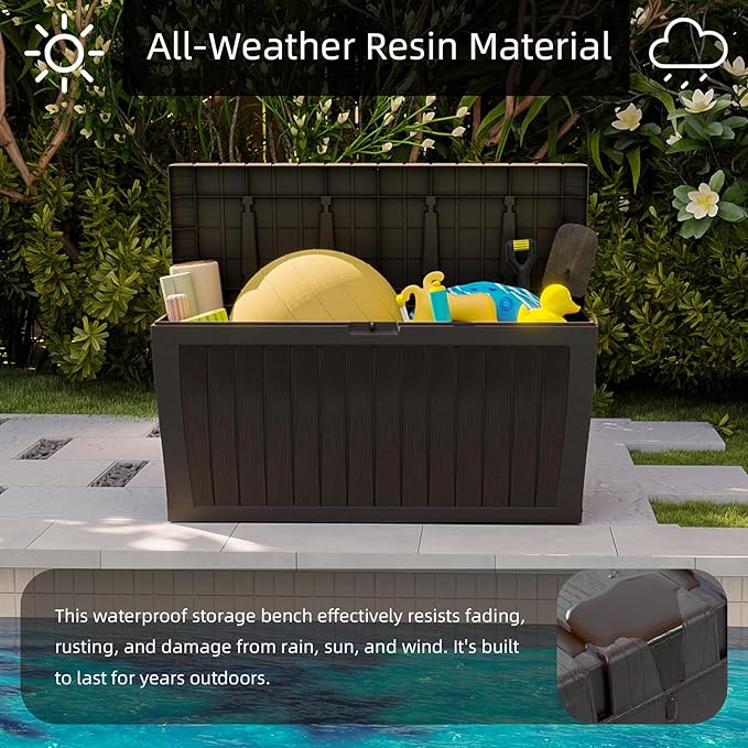 120 Gallon Resin Deck Box，Outdoor Storage Box, Waterproof Lockable Large Storage Bench for Patio Furniture, Pool Accessories & Garden Tools, Brown