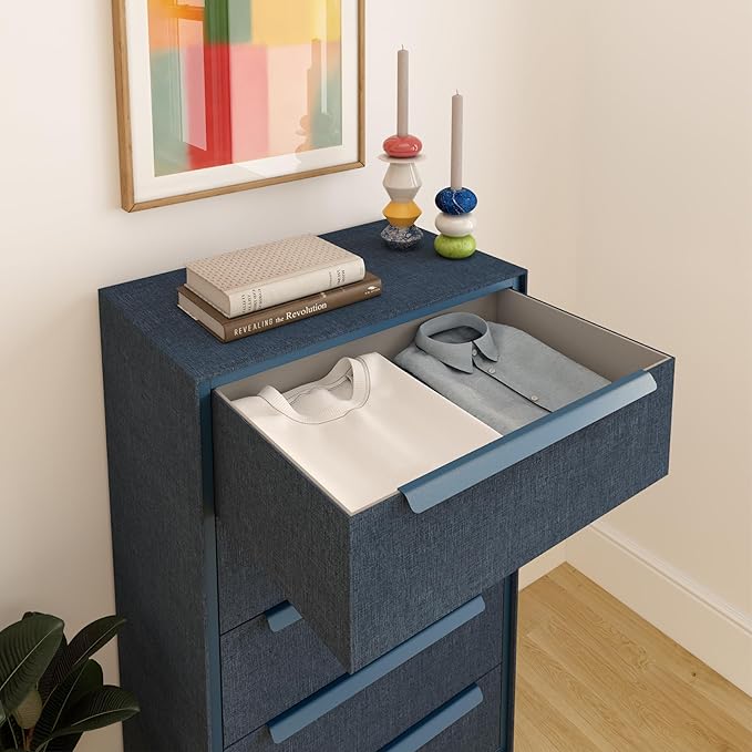 tinge Naima Premium Fabric Dresser - Strong Metal Frame, 5 Spacious Sag-Proof Drawers with Sleek Metal Handles - Premium & Durable Storage Solution for Your Home (Navy)