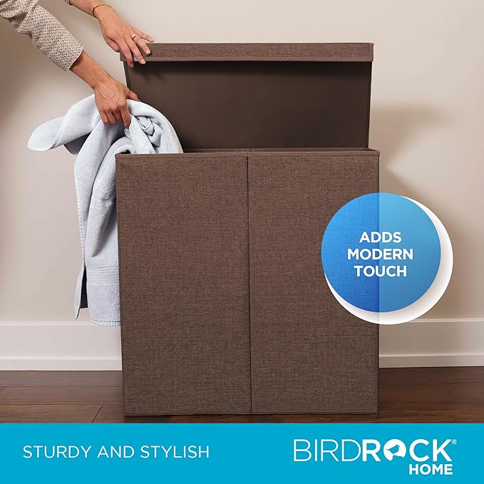 BIRDROCK HOME Laundry Hamper with Lid | Removable Bags for Sorting Clothes | Sectioned Laundry Basket for Bedroom & Bathroom | Collapsible Storage Bin with Cover | Double, Brown