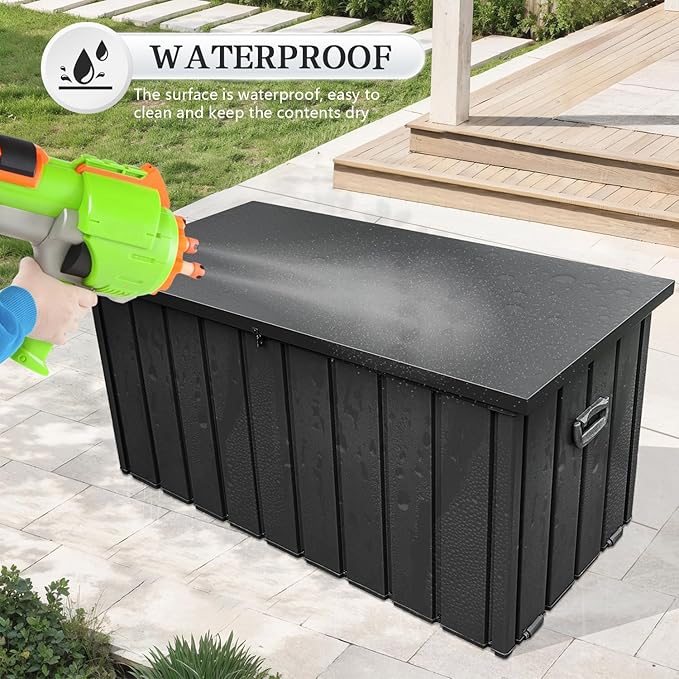 Domi 120 Gallon Deck Box, Metal Outdoor Storage Box with Lock Wheels Side Handles, Waterproof Outside Storage Box for Patio Cushions, Shoes & Pool Tools