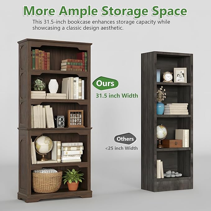 70 Inch Farmhouse Bookcase, Walnut Two-Tone Shelves, 5 Tier Bookshelf with Arched Trim, Living Room Storage Cabinet Unit, 31.5x11.8 Inches (Walnut, Open Shelf)