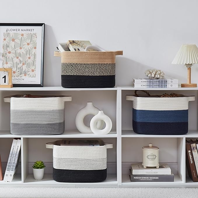 Storage Basket for Organizing, Woven Baskets for Storage, Rectangle Decorative Baskets for Shleves, Closet, Toys, Books, Nursery Organizer Bins - Pack of 3 (Gradient Gray, 15.75"x11.8"x9.85")