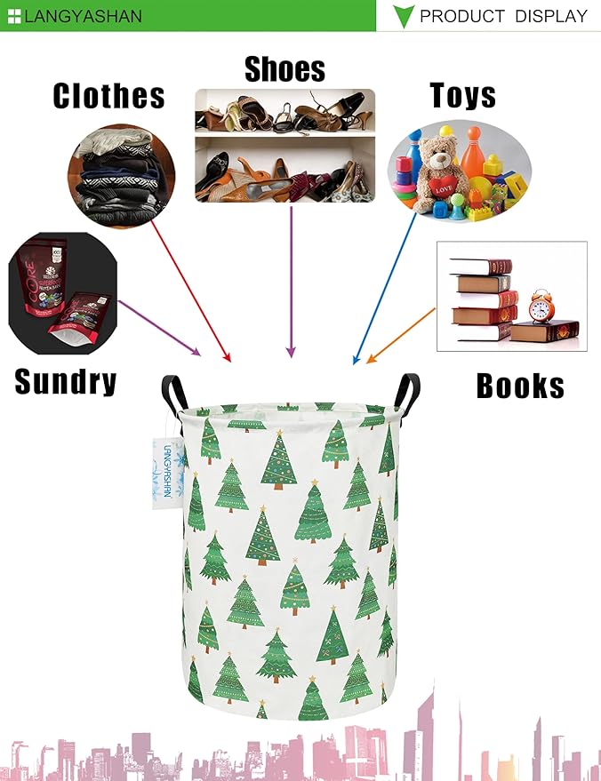 LANGYASHAN Laundry Basket Canvas Fabric Collapsible Organizer Basket for Storage Bin Toy Bins Gift Baskets Bedroom Clothes Children Nursery Hamper (Christmas Tree)