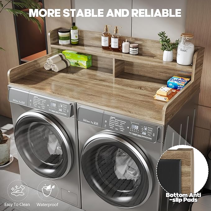 2-Tier Washer and Dryer Countertop with 2.75" H Guard,54" W x 27.5" D Laundry Countertop Cover with Non-Slip Pad,Large Space Laundry Topper for Folding Clothes Over Washer and Dryer-White Oak