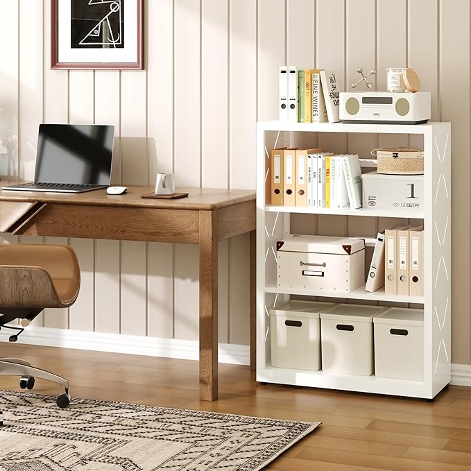 3 Tier Bookcase,Industrial Bookshelf,34" White Metal Small Bookshelf with Adjustable Feet and Adjustable Shelves,Home Office Bookcase Shelf Storage Organizer for Living Room Kitchen
