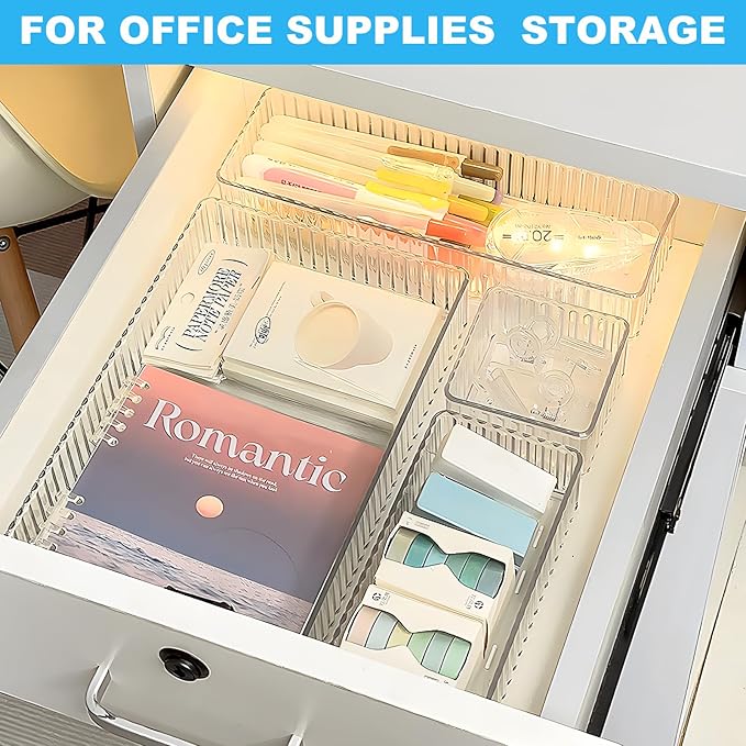 HOTOOLME 7PCS Clear Drawer Organizers Bins, 4 Size Stackable Makeup Drawer Organizer, Desk Plastic Drawer Storage Trays, Bathroom Drawer Storage for Cosmetics, Office Supply, Kitchen Utensils