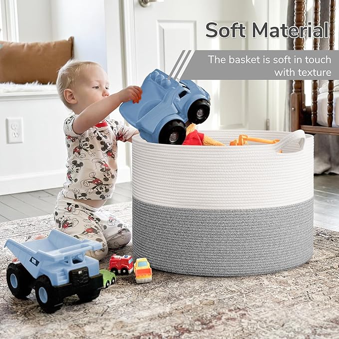 INDRESSME 115L Extra Large Blanket Basket, Soft Cotton Rope Storage Basket for Organizing, Home Decor, Toys, Laundry & Towels, Toy Storage Organizer for Living Room & Nursery, Light Grey
