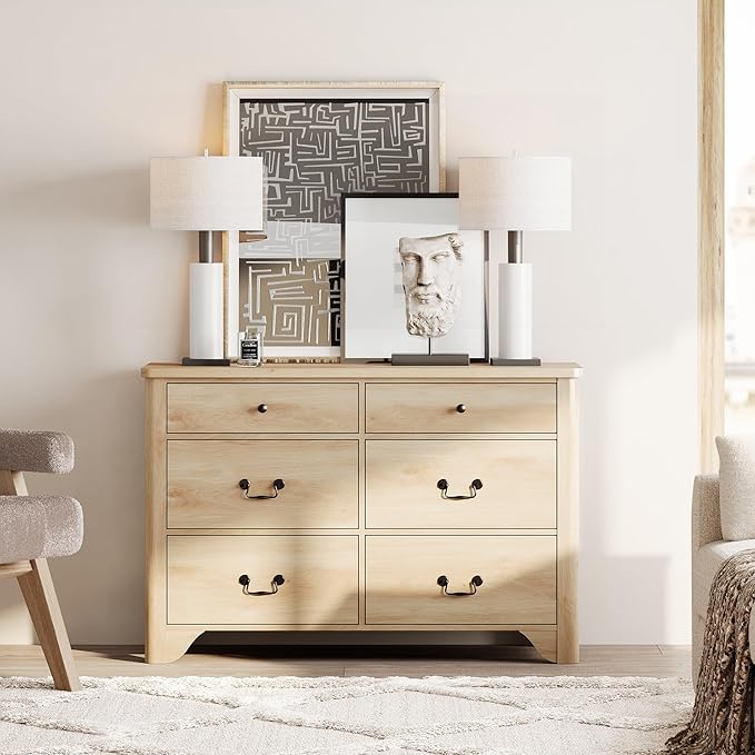 WAMPAT Dresser for Bedroom with 6 Drawers, 47.2" Wide Farmhouse Dressers Chests of Drawers with Curved Profile Design, Wood Closet Organizer for Bedroom, Hallway, Oak