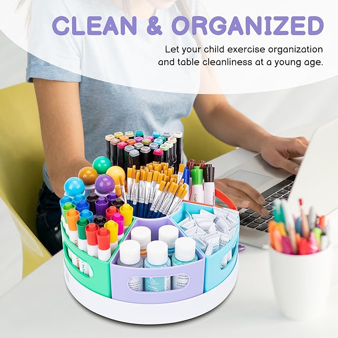 Art Supply Organizer, Extra Large 360° Pencil Caddy with 7 Removable Compartments for Kids, Rainbow Stationary Marker Organizer for Home, School, and Classroom