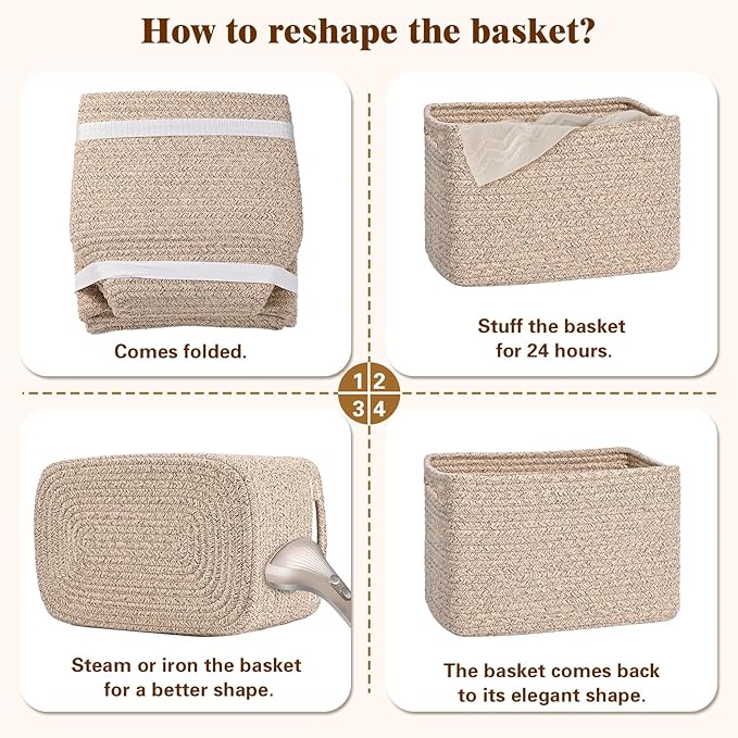 Storage Baskets for Organizing, 4 Pack Storage Baskets for Shelves, Woven Basket for Shelves, Closet Organization, Rectangle Organizer Basket Gifts Empty, 13"Lx8.7"Wx7.9"H Decorative Bins with Handles