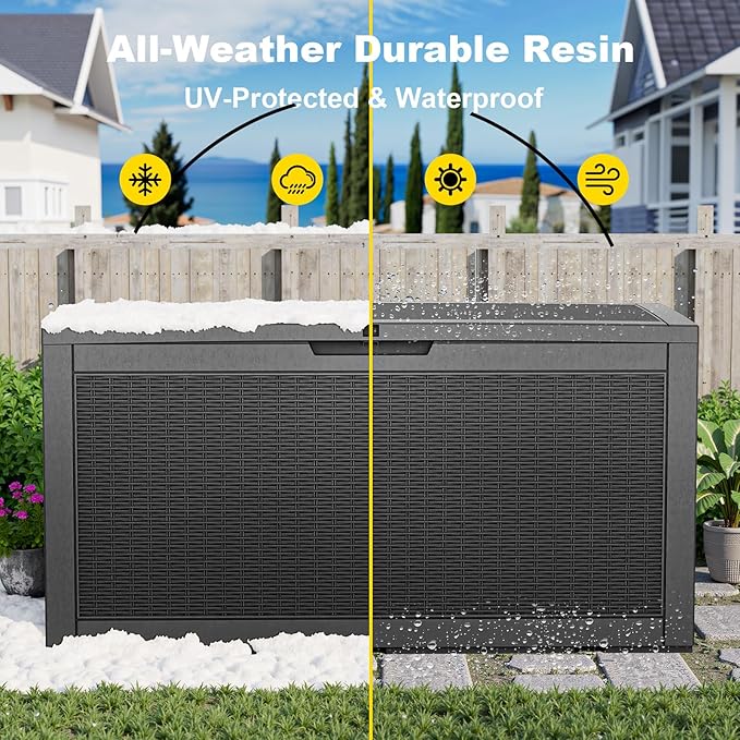 100 Gallon Deck Box,Resin Outdoor Storage Box with Lockable for Patio Furniture, Pool Accessories, Garden Tools Waterproof Outside Storage Box, Black