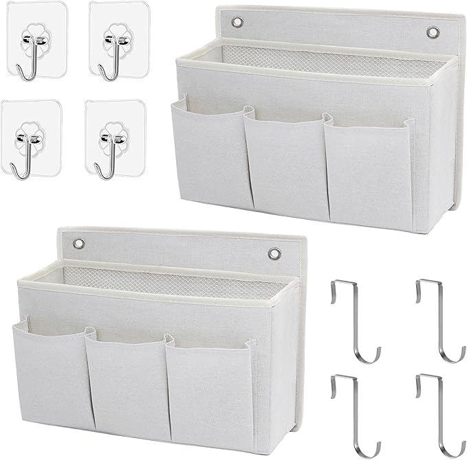 2-Pack Wall Hanging Organizer Bag/Hanging Baskets with Large Mesh Compartment & 3 Pockets，Over the Door Organizer Space Saving Storage for Bedroom,RV Camper, Closet (White-2 Pack)