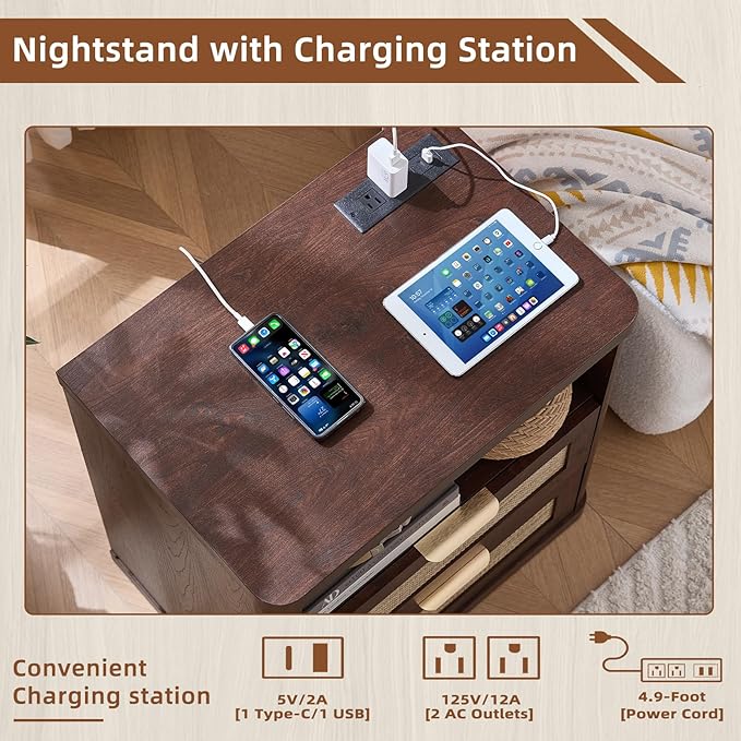LEYAOYAO Rattan Nightstands with Charger Station, 23" Wide Boho Night Stand with 2 Drawers, Bedside Table Open Shlef, Bed Side End Table Dresser for Bedroom, Living Room Hallway, Walnut