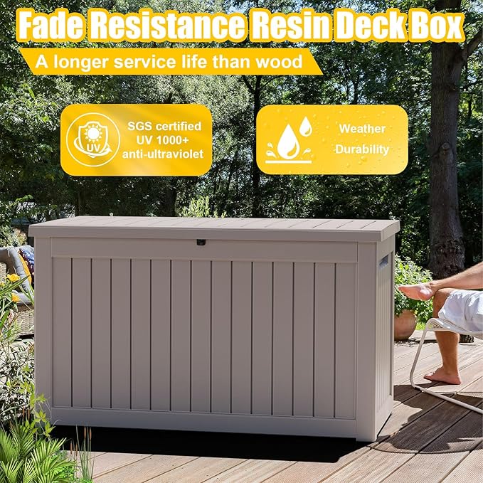 280 Gallon Large Deck Box,Resin Outdoor Storage Box with Lockable for Patio Furniture, Pool Accessories, Garden Tools Waterproof Outside Storage Box, Grey