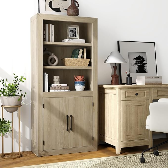 Standard Bookcase with Doors, Bookshelves Floor Standing 5 Tier Adjustable Shelves Organizer and Storage, Solid Bookshelf for Home Office, Living Room, Bed Room