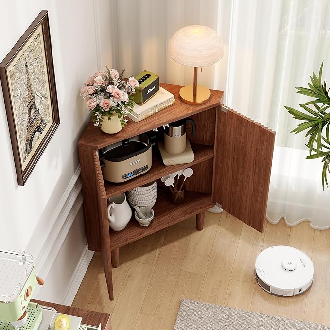 Fluted Floor Corner Kitchen Cabinet, Wooden Freestanding Cabinets Organizer with Door, Side Storage Organizer for Living Room, Dining Room, Bathroom Walnut