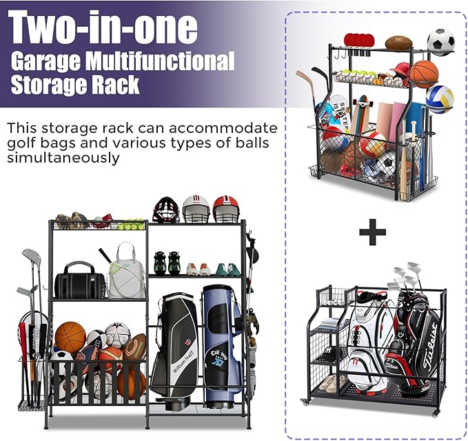 Sports Equipment Organizer, Heavy Duty Golf Bags Stand, Extra Large Ball Storage Rack for Garage