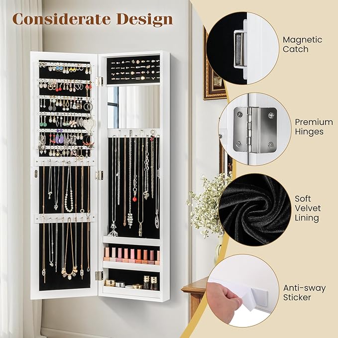 Giantex Wall Mounted Jewelry Cabinet with Full Length Mirror, Over The Door Jewelry Armoire Organizer with Large Storage, Makeup Mirror & Velvet Lining (White)