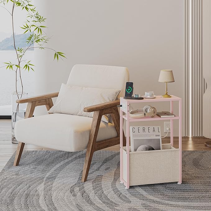 Pink Side Table with Charging Station, Slim End Tables with Linen Basket, Skinny Table for Small Spaces, Thin Bedside Table for Living Room, Bedroom