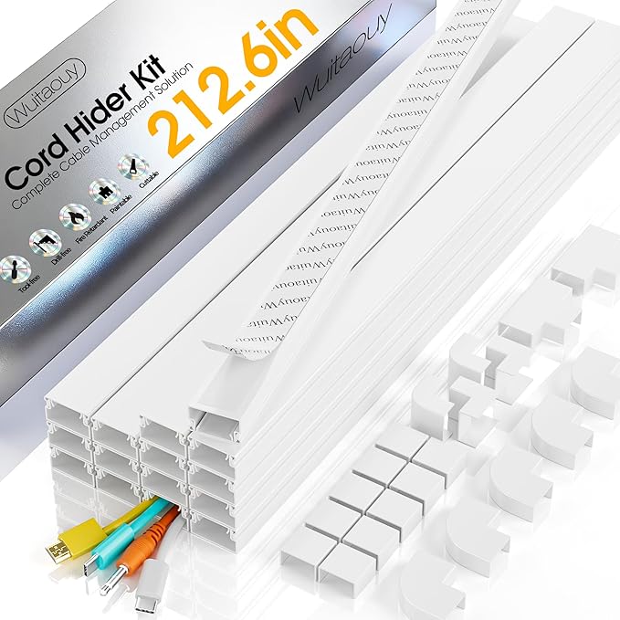 212.6in Cord Covers for 2-3 Wires on Wall, TV Cord Hider Wall, Paintable Cable Hider Raceway, Easier Set-up Wire Hider Wire Covers for Cords on Wall, Self-Adhesive Cable Cover, W0.95 H0.55in, White
