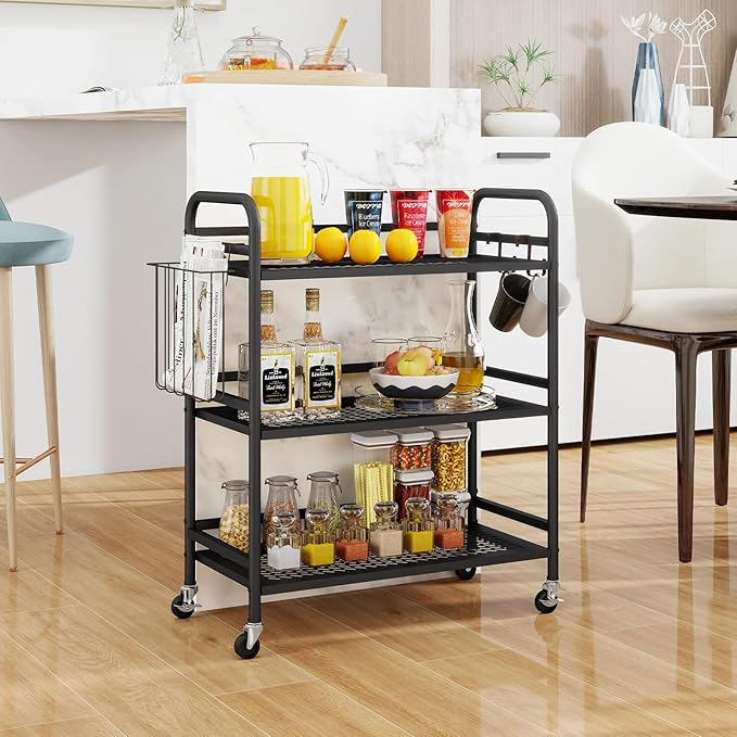 HDANI 3 Tier Metal Mesh Utility Cart,Large Capacity Multipurpose Heavy Vehicle,Rolling Trolley with to Hooks and One Basket(Black)