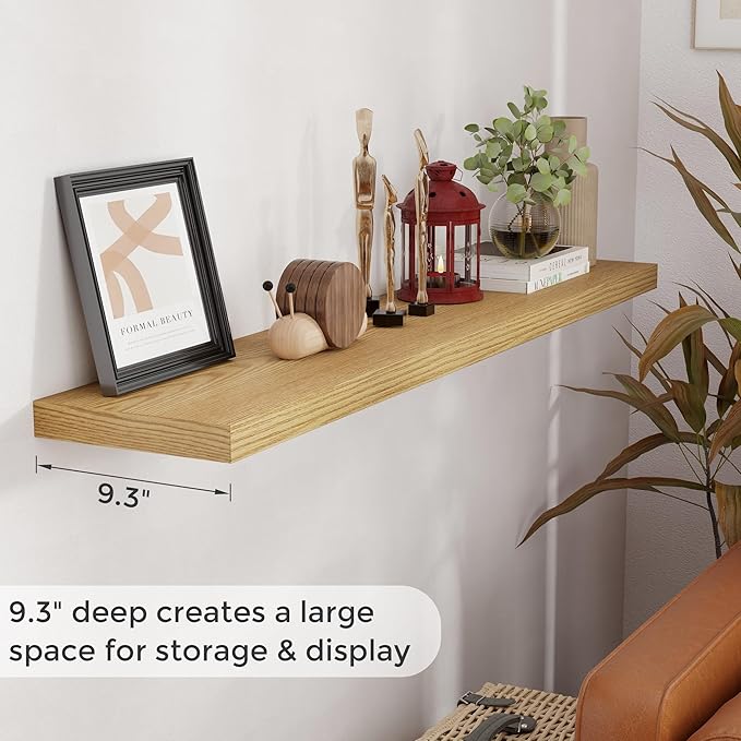Fun Memories 55Inch Floating Shelves for Wall 1 Pack Shelves for Bedroom|Kitchen|Bathroom Wall Mounted Rustic Wood Floating Shelf with Invisible Brackets for Books|Storage|Decor, Oak