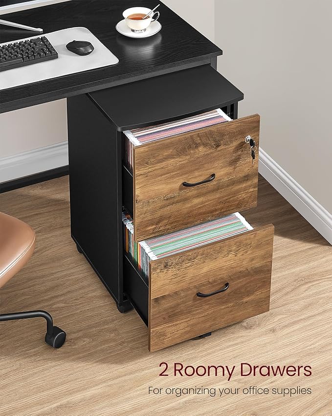 VASAGLE 2-Drawer File Cabinet, Locking Filing Cabinet for Home Office, Small Rolling Printer Stand, A4, Letter-Size Hanging Files, Assembly Required, Honey Brown and Ink Black ULCD027B01