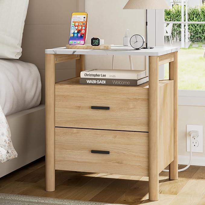 Night Stand with Charging Station, 20" Large Modern Nightstand with Faux Marble Top, 2 Drawers End Table with Solid Round Post Legs & Open Shelf for Bedroom, Natural Oak
