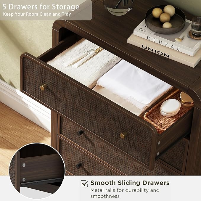 Oak&Sparrow 5 Drawer Tall Dresser for Bedroom, 47'' Rattan Dresser with Ample Storage, Boho Chest of Drawers, Thickened Curved Profile Design, Dark Walnut Dressers for Bedroom, Living Room