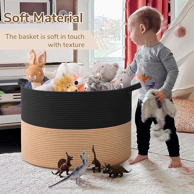 INDRESSME 115L Extra Large Cotton Rope Blanket Basket for Nursery, Boho Decor Baby Laundry Baskets for Kids Toy Organizer Storage Bin for Dirty Clothes Pillows Towel, Black & Camel