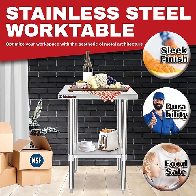 DuraSteel 24x18 Small Stainless Steel Table - NSF Metal Food Prep Commercial Kitchen Workt able - Side Mixer Stand with Under Shelf - For Laundry Room, Kitchen, Outdoor Grill, Small Spaces