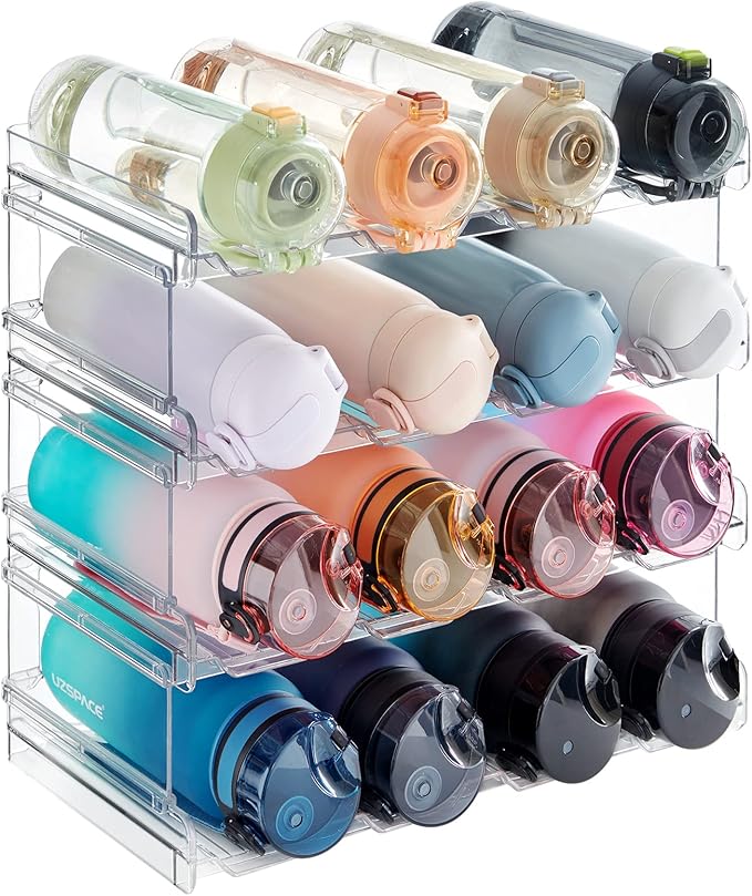 Lifewit Stackable Water Bottle Organizer for Cabinet, Plastic Bottle Holder Fits Bottles & Tumblers up to 3.8" Diameter, Pantry, Countertop & Fridge, 4 Tier Holds 16 Bottles