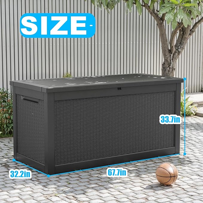 320 Gallon Large Resin Deck Box, Lockable Outdoor Storage Box for Patio Cushions Storage Furniture,Garden Tools, Pool Supplies, Weatherproof and UV Resistant-Black Rattan (320 Gallon)