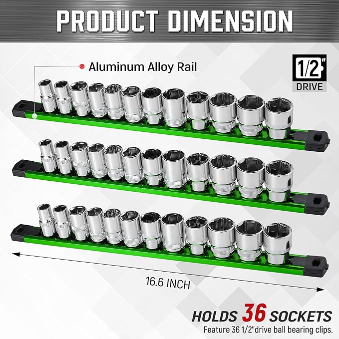 ALOANES 3-Piece Magnetic Socket Organizer, Heavy Duty Aluminum Socket Rails Organizer, 360° Swivel Clips Socket Holder Kit for Tool Box, 1/2-Inch Socket Holder x 36 Clips (Green)