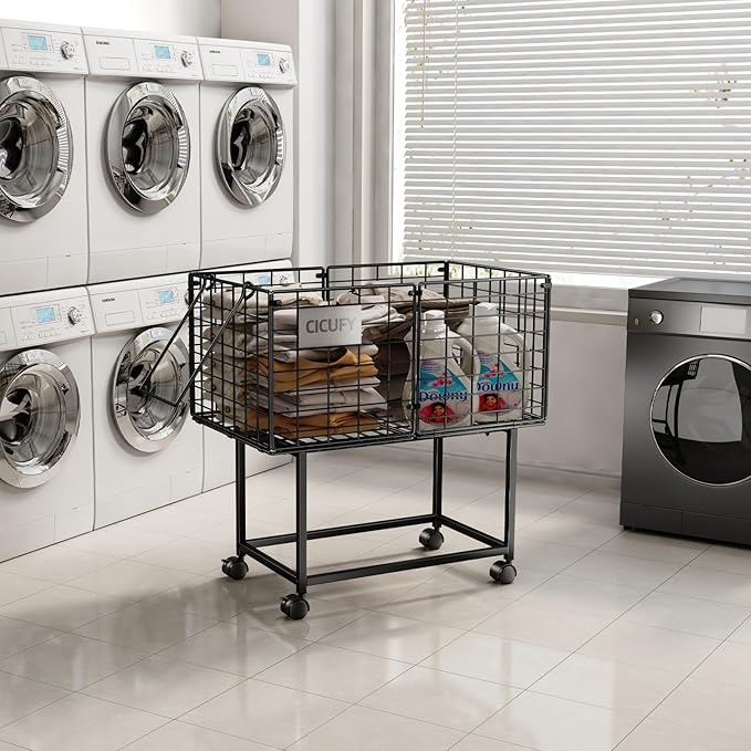 Wire Laundry Hamper, 80L Rolling Laundry Basket Cart on Wheels, Dirty Clothes Basket with Handle, Metal Clothes Hamper Organizer for Laundry Room, Bathroom, Bedroom, Dorm, Black