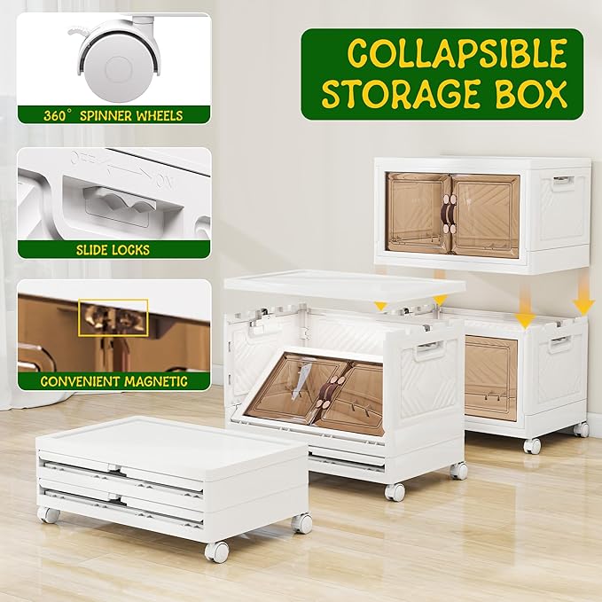 Storage Bins with Lids and Wheels, Collapsible Bathroom Storage Cabinet with Clear Doors, Plastic Stackable Closet Organizers and Storage Containers White 314 QT